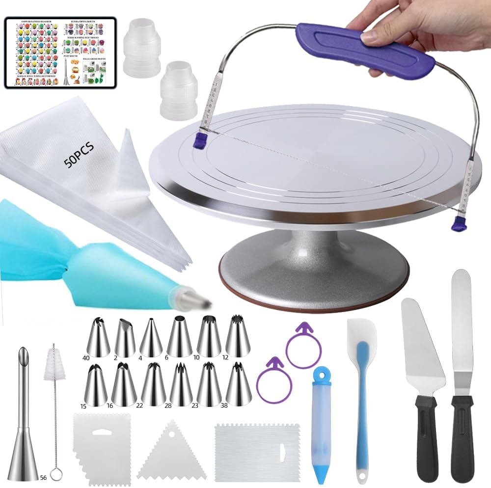 78PCS Cake Supplie With 12Inch Aluminum Alloy Rotating Cake Stand Turntable | For Cake Decorating With Steel Icing Scrapers,Piping Tips and Bags,Cake Leveler,Icing pen,Pie server,Spatula