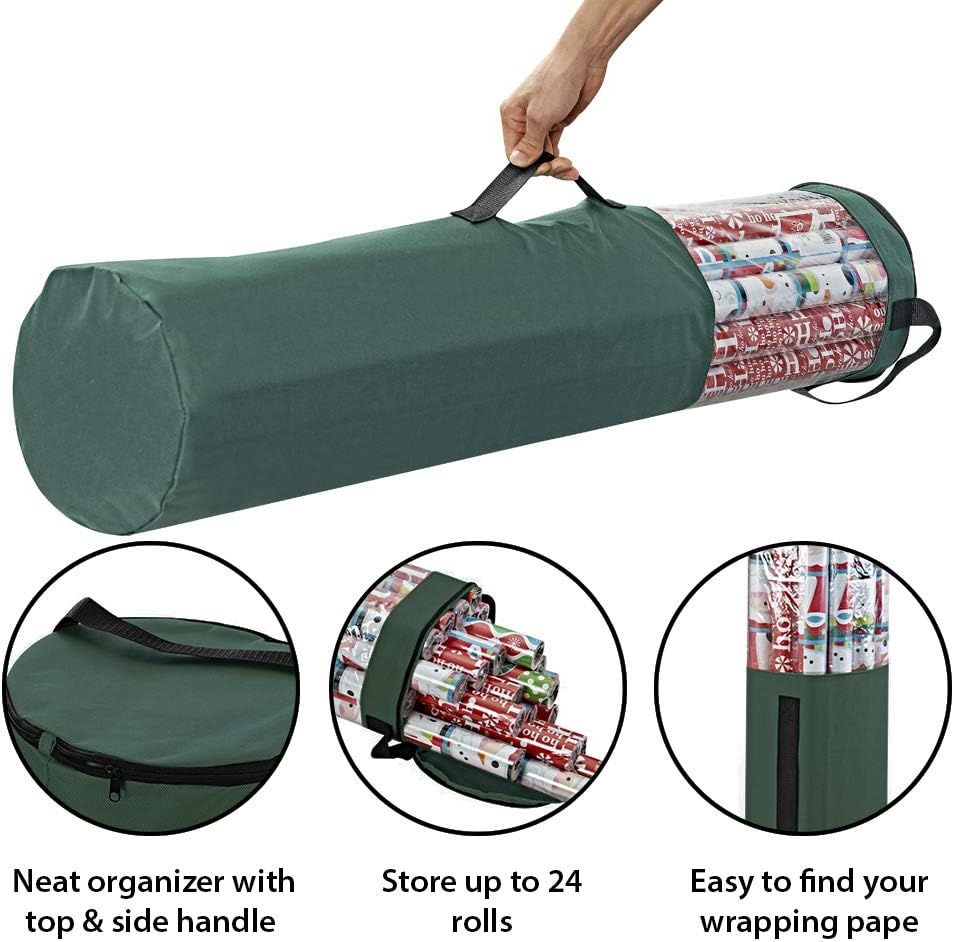 ProPik Gift Wrapping Paper Storage Organizer Bag, Store Up To 24 Rolls 40 Inch, Heavy Duty Polyester plus PVC Clear Bag with Handles and Zippered Top for Gift Wrap and Ribbons (Green)