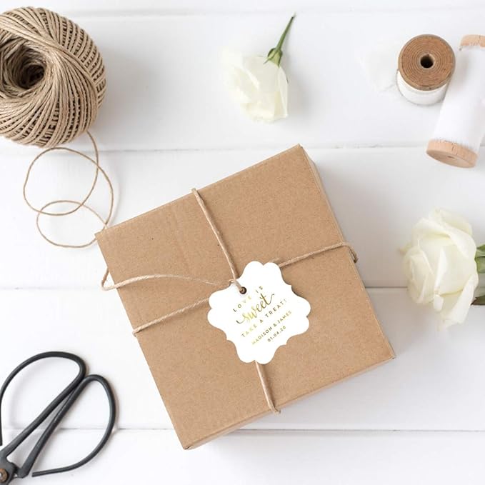 Andaz Press Personalized Fancy Frame Square Wedding Gift Tags, Metallic Gold Ink, Love is Sweet Take a Treat, 24-Pack, Custom Made Any Name, Gold Party Supplies