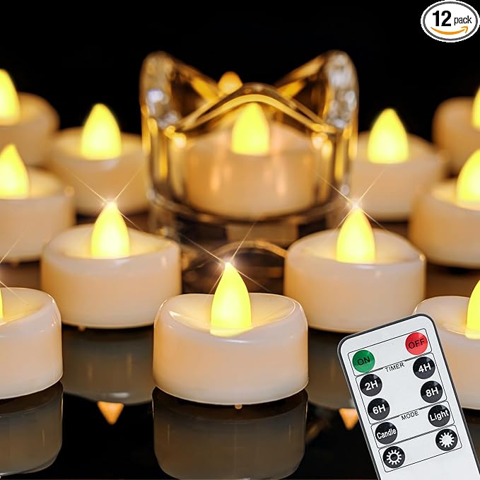 Remote Candles, 12PCS Flameless Tea Lights Candle Battery Operated with Timer, 400+Hours Remote Control LED Tea Lights Votive Candle for Holiday Table Centerpieces Decor