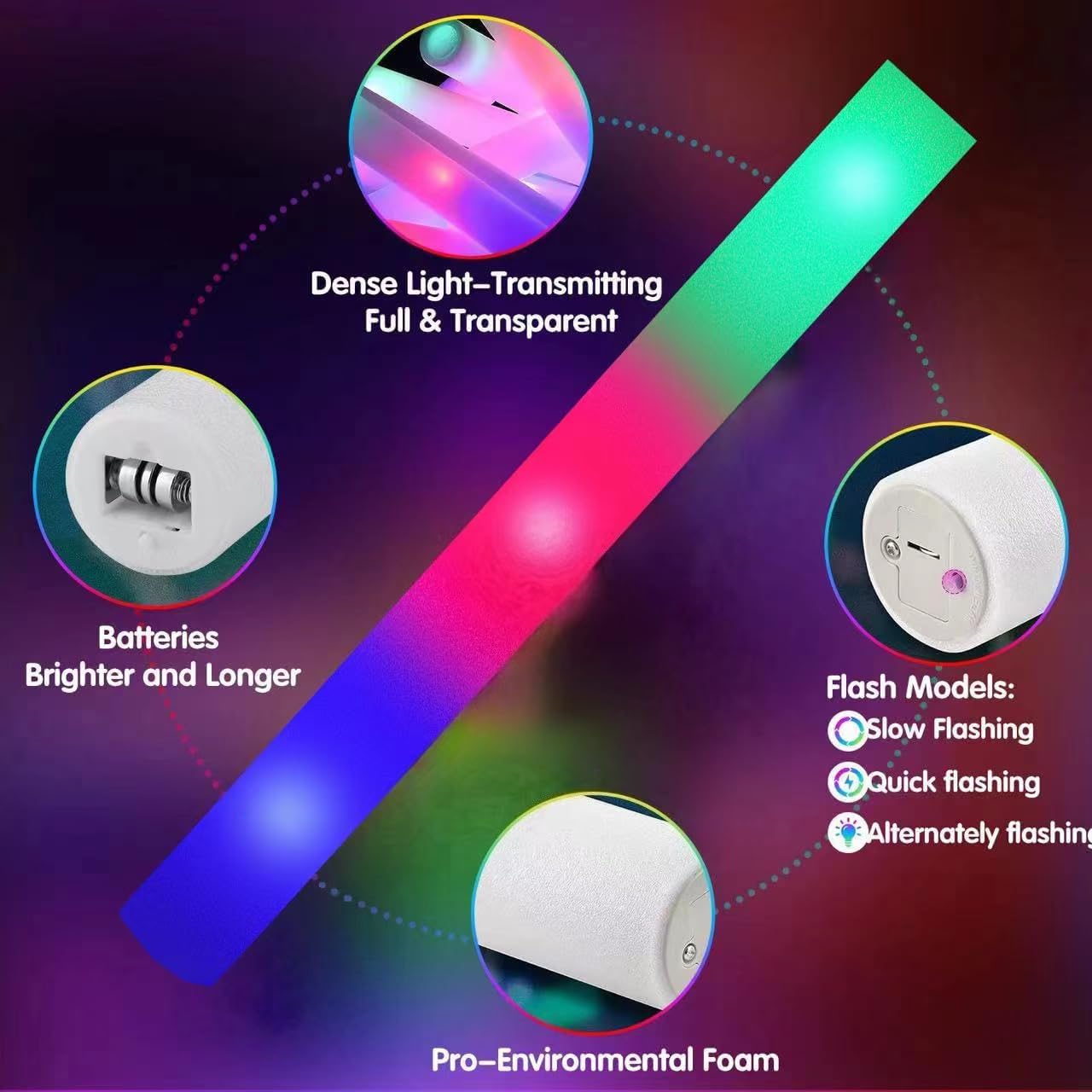 SHQDD 46PCS Foam Glow Sticks, Foam Light Up Sticks with 3 Modes Colorful Flashing, Glow Stick Bulk Party Pack, Glow in Dark Party Supplies, LED Foam Sticks Bulk for Wedding, Raves, Concert, Halloween