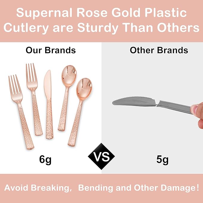 Supernal 180pcs Rose Gold Plastic Silverware Heavy Duty Plastic Forks and Spoons, Rose Gold Disposable Silverware Sets Include 60 Forks, 60 Knives and 60 Spoons Suitable for Wedding, Party, Birthday