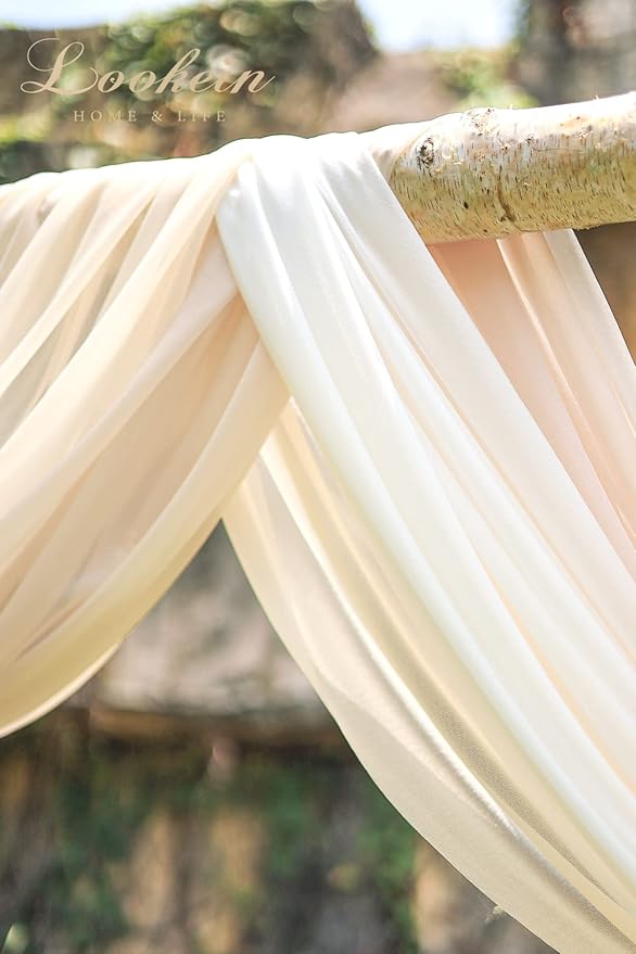Lookein Chiffon Arch Fabric Drapes for Wedding Arbor Ceremoney Backdrop Decoration Stair Swag, 3 Panels 30" Wide 6 Yards, Cream & Nude
