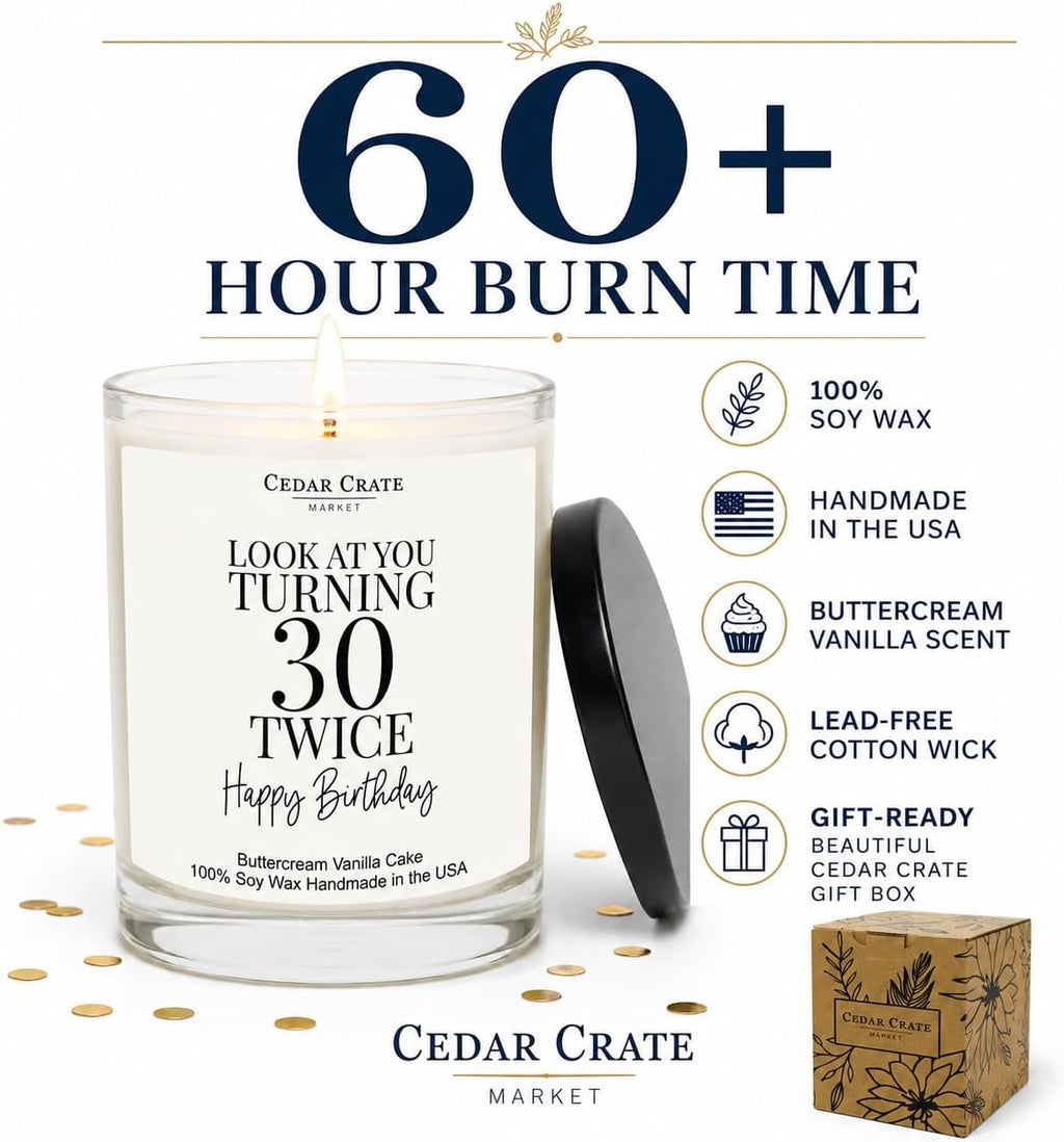 Crate Market 60th Birthday Gifts for Women – Buttercream Soy 60th Birthday Candle, 60+ Hour Burn, Funny Turning 60 Gift Ideas for Her Mom Wife Best Friend, Handmade USA