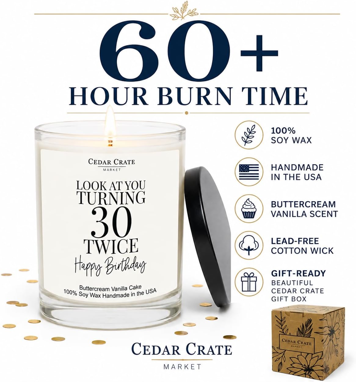Crate Market 60th Birthday Gifts for Women – Buttercream Soy 60th Birthday Candle, 60+ Hour Burn, Funny Turning 60 Gift Ideas for Her Mom Wife Best Friend, Handmade USA