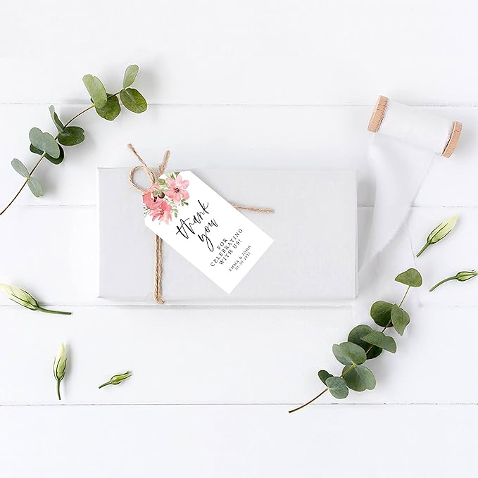 Andaz Press 100-Pack Personalized Thank You for Celebrating with Us Wedding Favor Tags with Bakers Twine Coral Watercolor Florals Custom Cardstock Wedding Gift Tags for Party Favors 2 x 3.75-Inches