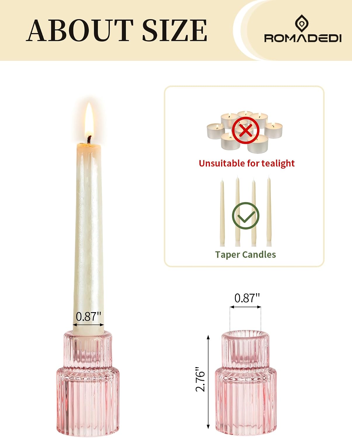 Romadedi Pink Glass Candle Holders - Set of 2 Ribbed Candlestick Holder for Table Centerpiece Elegant Taper Holder for Wedding Birthday Party Baby Showers Valentines Mother's Day Christmas