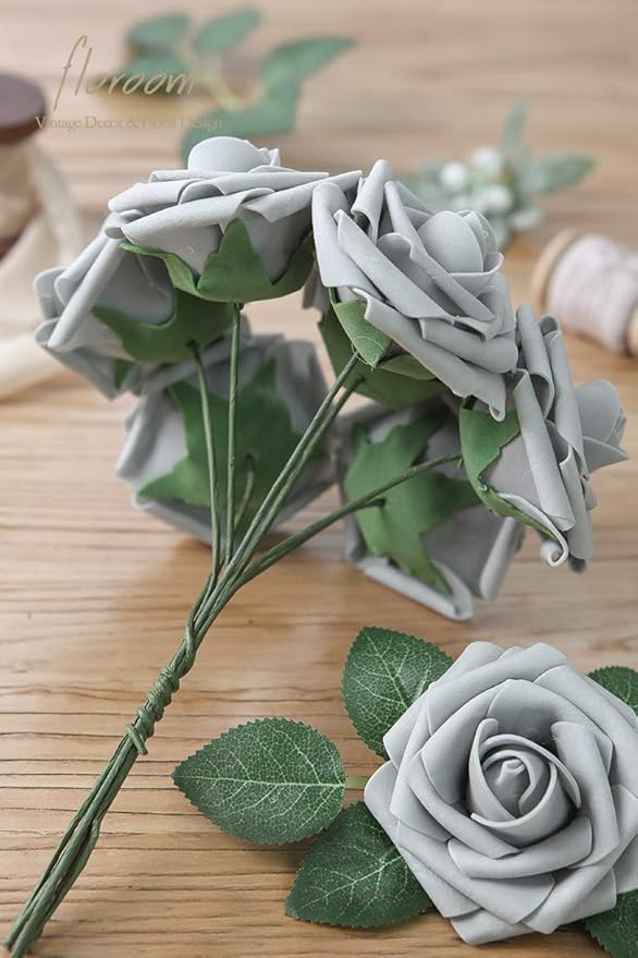 Floroom Artificial Flowers 25pcs Real Looking Silver Grey Foam Fake Roses with Stems for DIY Wedding Bouquets Bridal Shower Centerpieces Floral Arrangements Party Tables Home Decorations