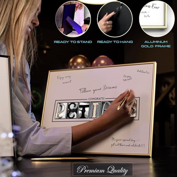 Framed Gold Retirement Decorations Guest Book for Men - 12"x16" Large Sign Poster including Gold Pen & Acrylic Glass - Retired Party favors, Table Centerpieces Plaque