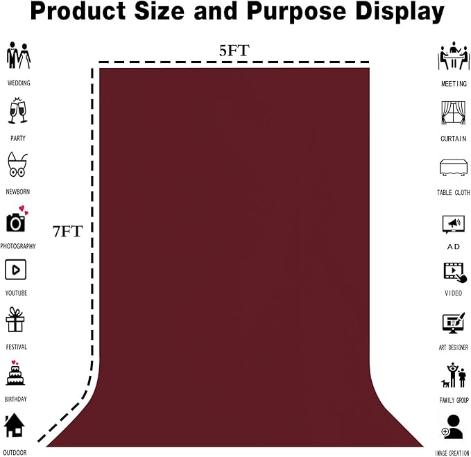 Wine Red Backdrop 5x7FT Screen Backdrop for Photography Photo Booth Photoshoot Background Screen Video Recording Parties Curtain