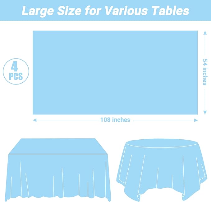 4 PCS SkyBlue Plastic Tablecloth, 54" x 108" Waterproof Picnic Table Cover for Indoor Outdoor, Disposable Stain Resistant Table Cloth of Baptism Decorations, Picnic Camping Party Essentials