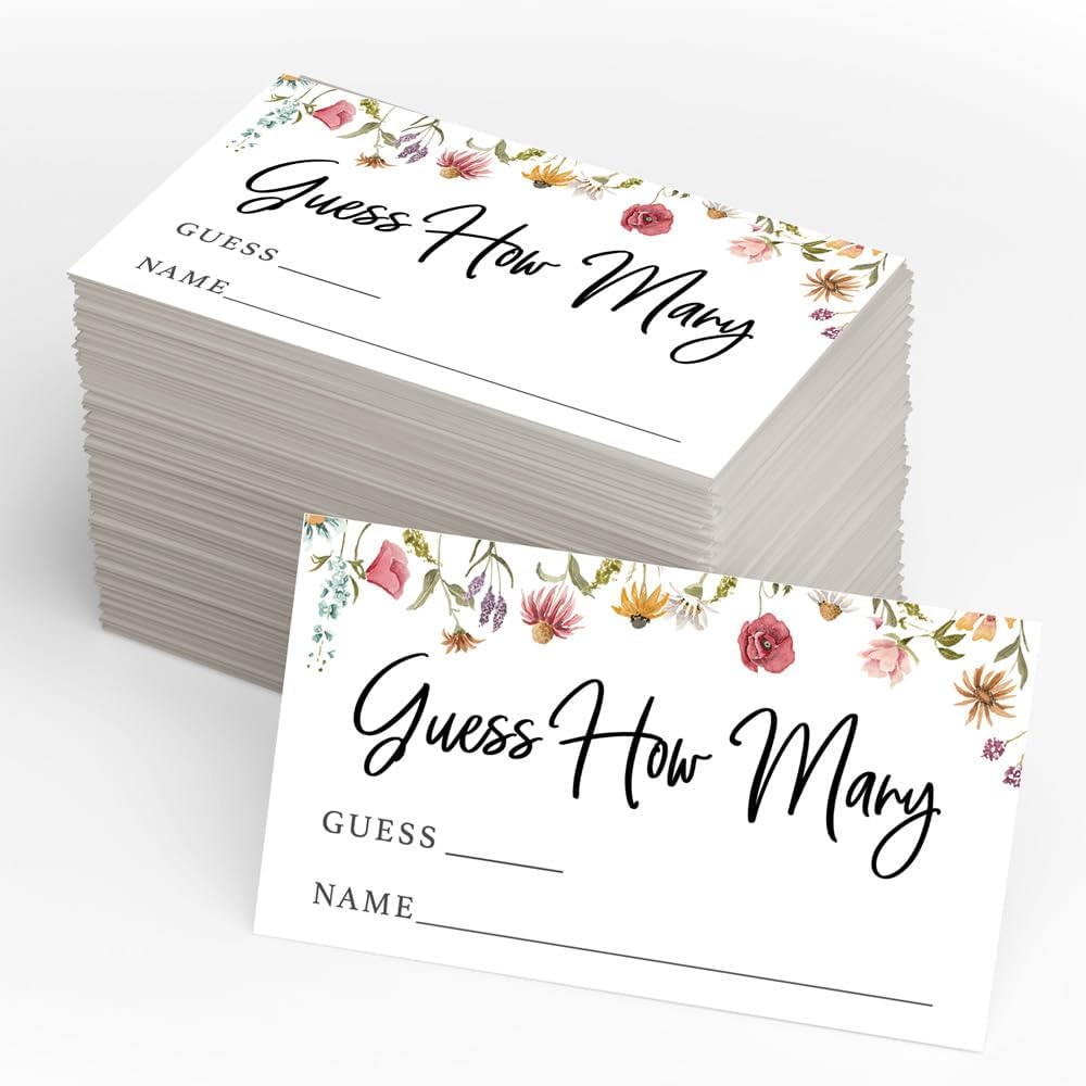 Guess How Many Shower Game, 50 Cards + Sign, Wildflower in Bloom | Baby Shower Games for Girl, Bridal Shower Activity, Candy Jar Kisses, Floral Garden Party Decor, Made in USA by Printed Party