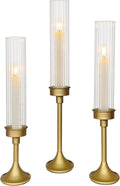 Gold Hurricane Candle Holders - Brass Candlestick Holders Set of 3 Tall Taper Candlesticks Fluted Glass Candle Stick Holder Decor for Wedding Party Christmas Mantel Dining Table Centerpieces