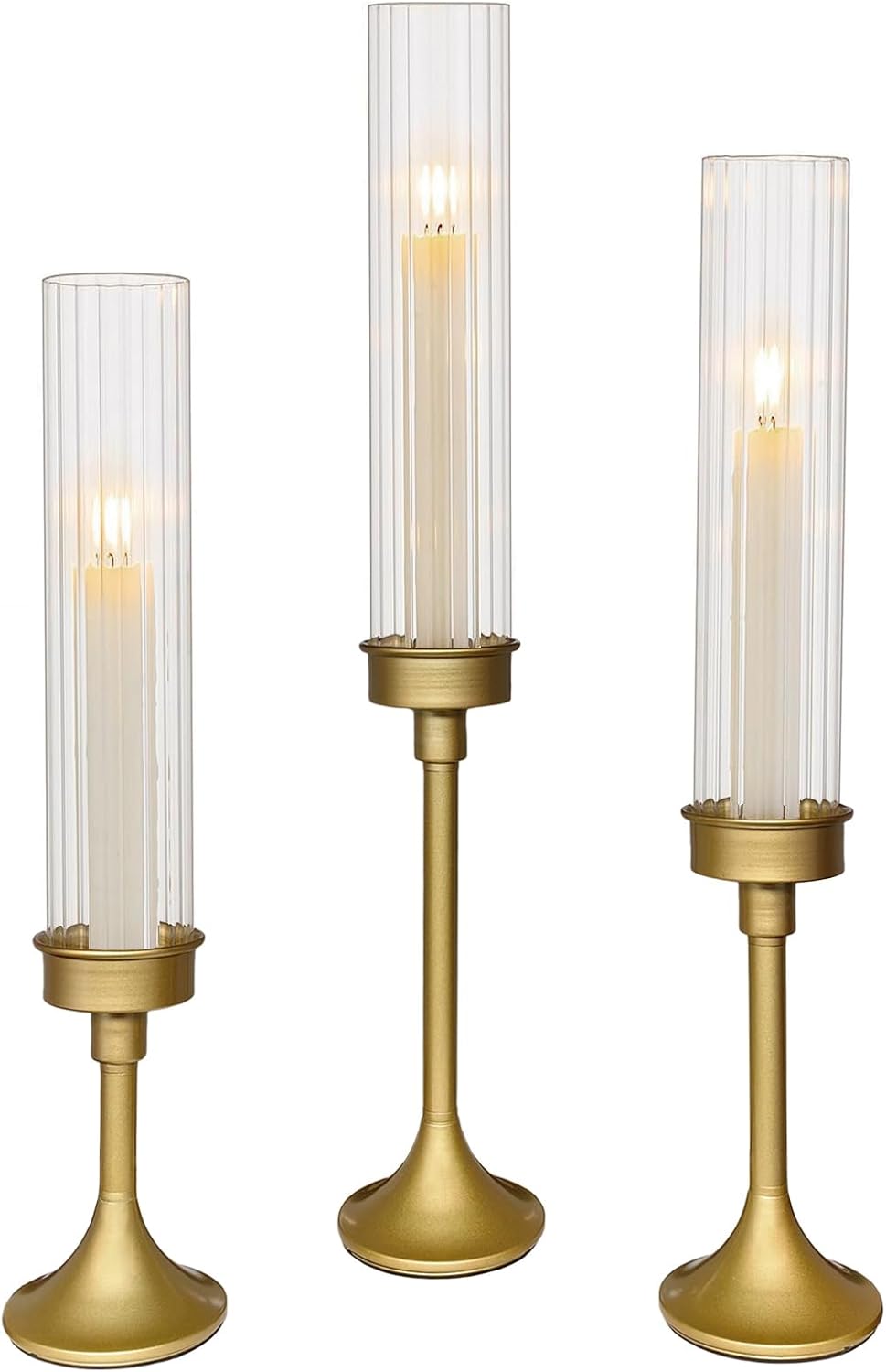 Gold Hurricane Candle Holders - Brass Candlestick Holders Set of 3 Tall Taper Candlesticks Fluted Glass Candle Stick Holder Decor for Wedding Party Christmas Mantel Dining Table Centerpieces