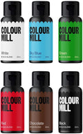Colour Mill Aqua Blend Water-Based Food Coloring, 20 Milliliter Holiday Pack Each of 6 Colors: White, Sky Blue, Green, Black, Chocolate and Red Holiday Pack, 120.0 milliliters, 4.06 Fl Oz