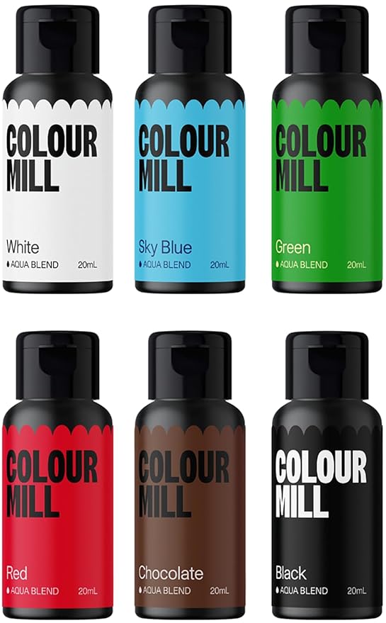 Colour Mill Aqua Blend Water-Based Food Coloring, 20 Milliliter Holiday Pack Each of 6 Colors: White, Sky Blue, Green, Black, Chocolate and Red Holiday Pack, 120.0 milliliters, 4.06 Fl Oz