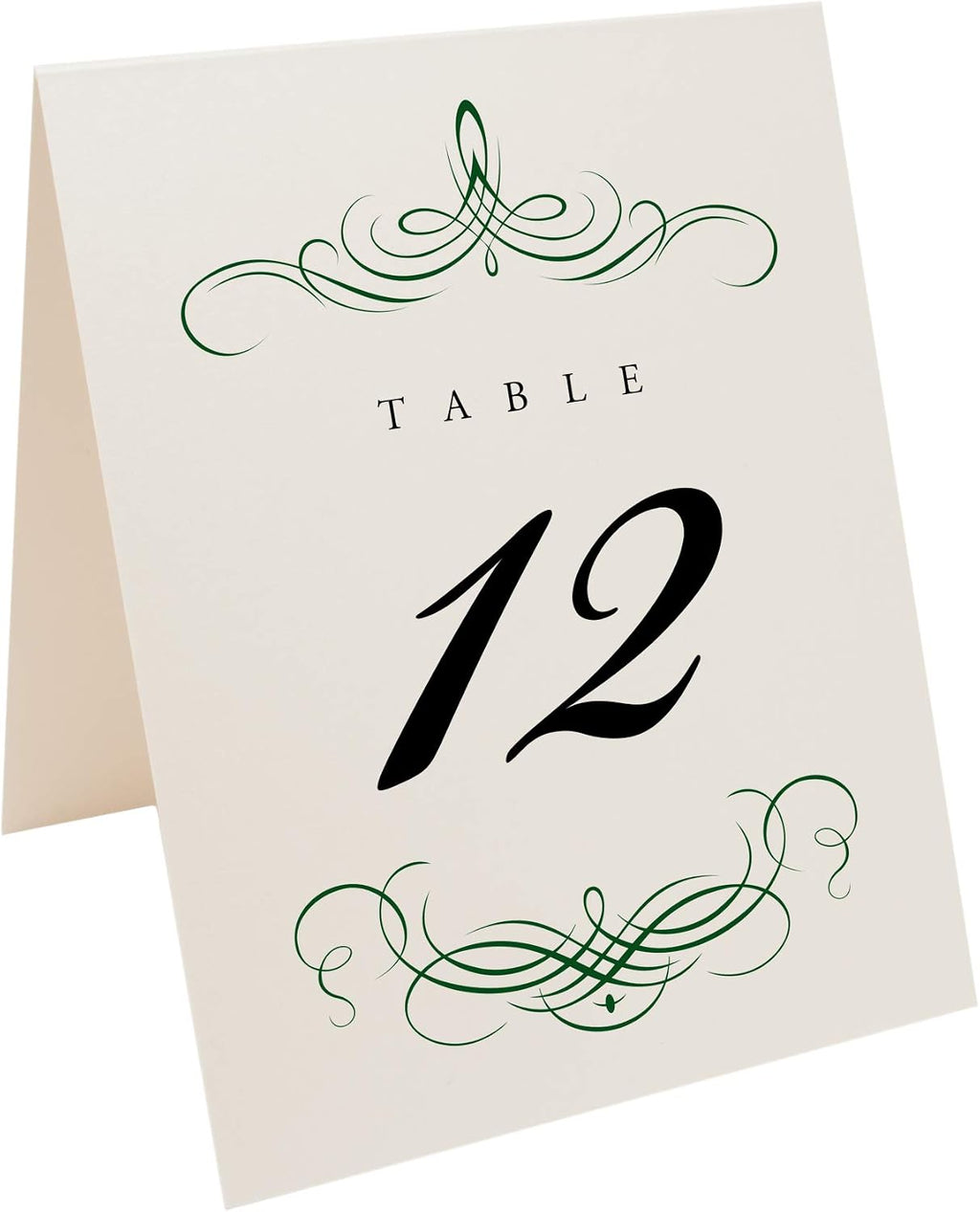 Decadent Flourish Table Numbers, Hunter Green, 1-150 | Double Sided Tent or For Use in a Stand - Wedding Receptions, Special Events, Parties, and Restaurants - Made in the USA