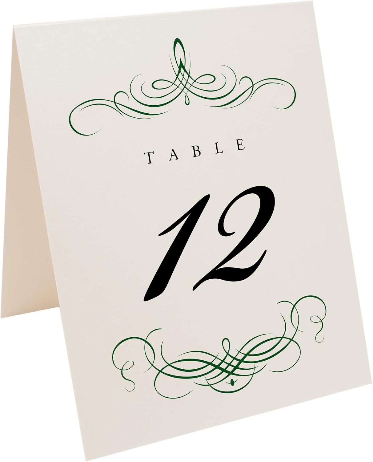 Decadent Flourish Table Numbers, Hunter Green, 1-150 | Double Sided Tent or For Use in a Stand - Wedding Receptions, Special Events, Parties, and Restaurants - Made in the USA