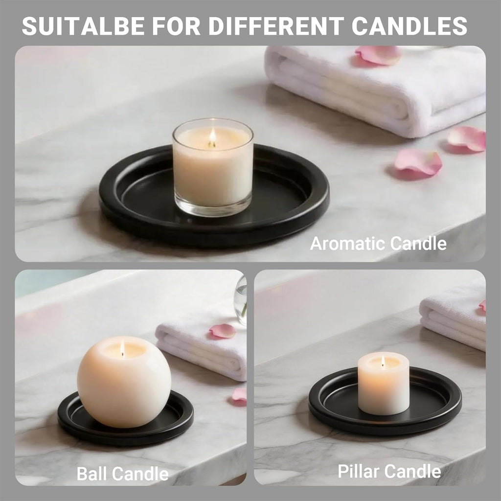 Matte Black Candle Holders Set of 2, Iron Pillar Candle Tray for 3 Inch Candles, Wax Catching Metal Candle Plate for Wick & LED Candles, Decorative Candle Stand for Table Centerpiece