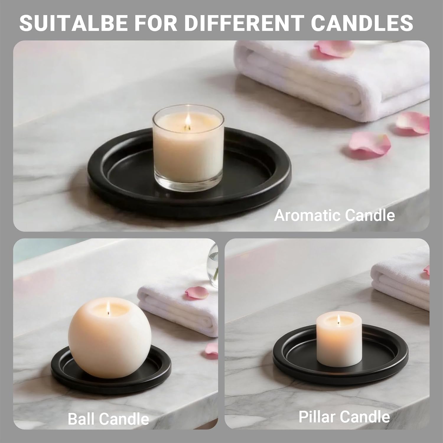 Matte Black Candle Holders Set of 2, Iron Pillar Candle Tray for 3 Inch Candles, Wax Catching Metal Candle Plate for Wick & LED Candles, Decorative Candle Stand for Table Centerpiece