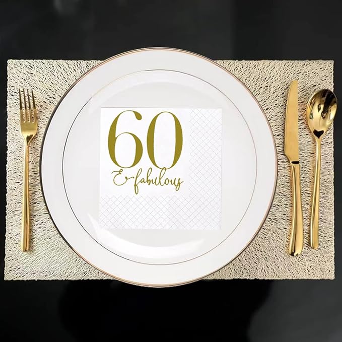 SharkBliss 60 and Fabulous Birthday Cocktail Napkins, 100 Pack Gold 60 and Fabulous Happy Birthday Cocktail Beverage Napkins for His Her Sixty 60th Birthday | 2-Ply, 5x5" (60 and Fabulous Napkins)