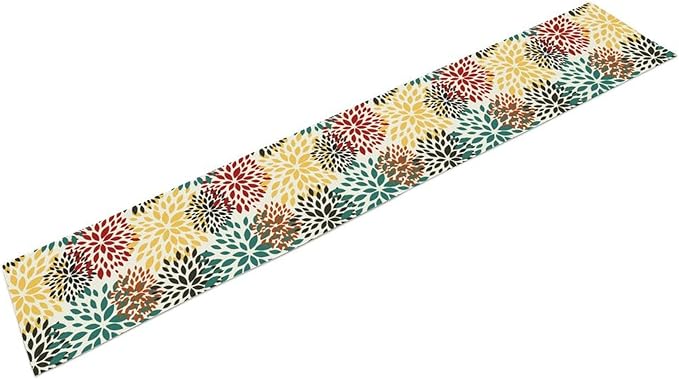 Green Red Dahlia Flower Table Runner Chrysanthemum Geometric Kitchen Dining Bedroom Living Room Table Decor for Indoor Outdoor Home Party, 13x36 Inch