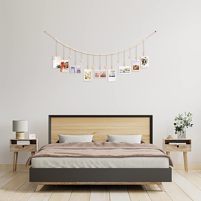 Hanging Photo Display Room Wall Decor, Boho Collage Picture Frame Christmas Cards Holder, Photo Hanger with 9 Wood Clips and 6 Wooden Hearts Tags for Home, Bedroom, Office, Nursery, Dorm Decor (3)