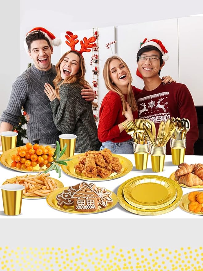 141 Pieces Gold Party Supplies, Party Dinnerware Sets Include Paper Plates Napkins Cups Silverware, for Wedding Bridal Shower Engagement Birthday Parties Decoration -20 Serves