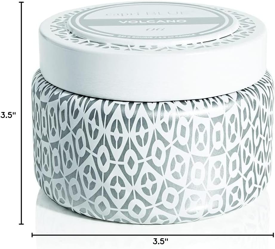Capri Blue Volcano Printed Travel Tin Jar Candle - Luxury Candle with a Long Lasting Soy Wax Blend - Scented with Tropical & Fruity Fragrance (White Color, 8.5 oz)