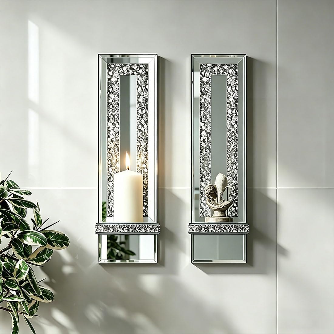Pibeyer Mirrored Candle Sconces with Acrylic Diamond, Crushed Diamond Wall Candle Holders, Home Decor