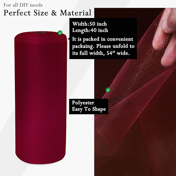 Burgundy Tulle Fabric Rolls 54 Inch by 40 Yards Tulle Bolt Spool for Wedding Decorations DIY Tutu Baby Shower Table Skirt Ceiling Decor Birthday Party Craft Supplies