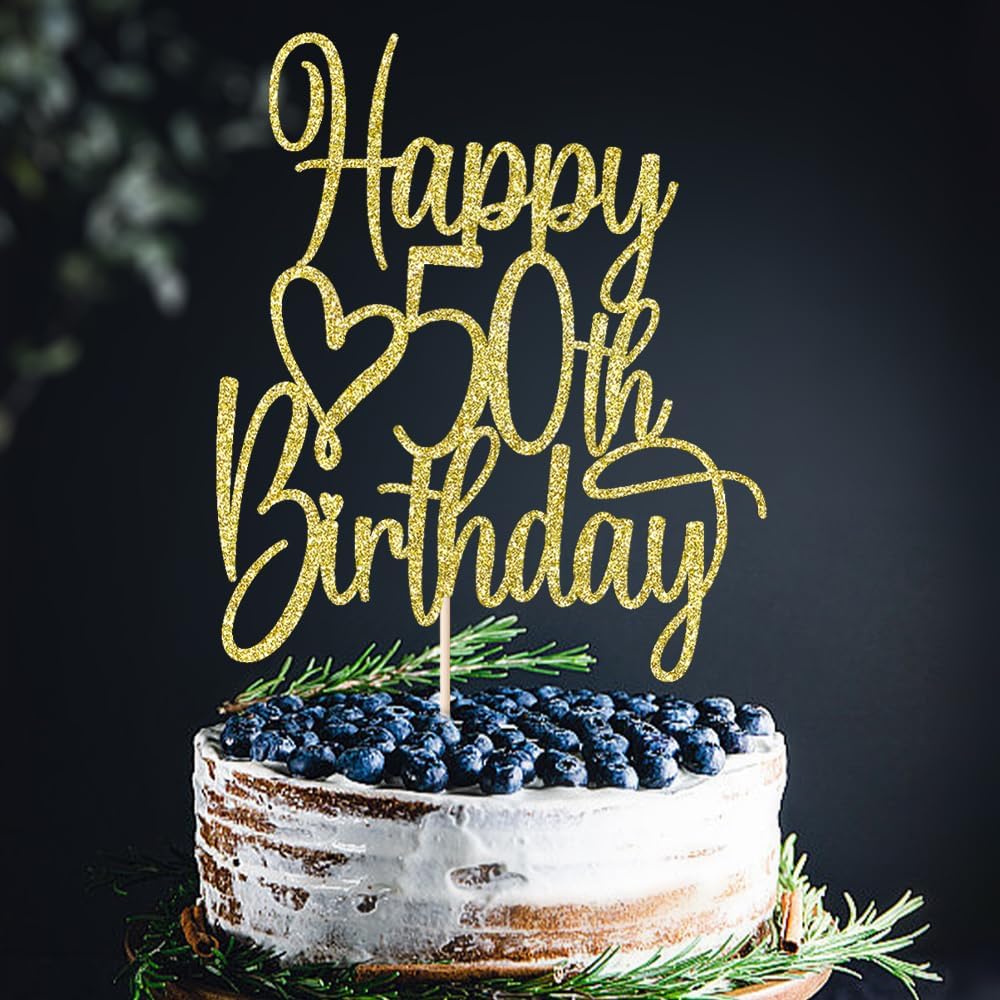 Gold Glitter Happy 50th Birthday Cake Topper - Cheers to 50 Years Cake Topper, 50 & Fabulous Cake Decoration for Hello 50th Birthday Anniversary Party Cake Decorations Supplies