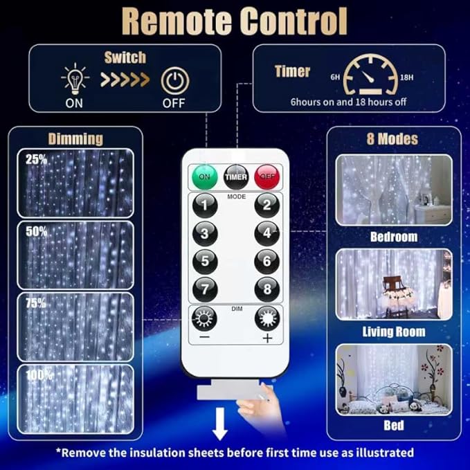 300LED Fairy Curtain Lights, 9.8x9.8Ft Warm White USB Plug in 8 Modes & Timer Christmas String Hanging Lights with Remote for Bedroom Indoor Outdoor Weddings Party Wall Decorations(White)