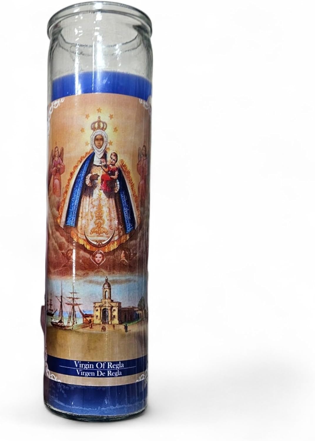 Prayer Candle 7 Day Virgin of Regla 8" Vela de Virgen de Regla Unscented Pillar Candle in Glass