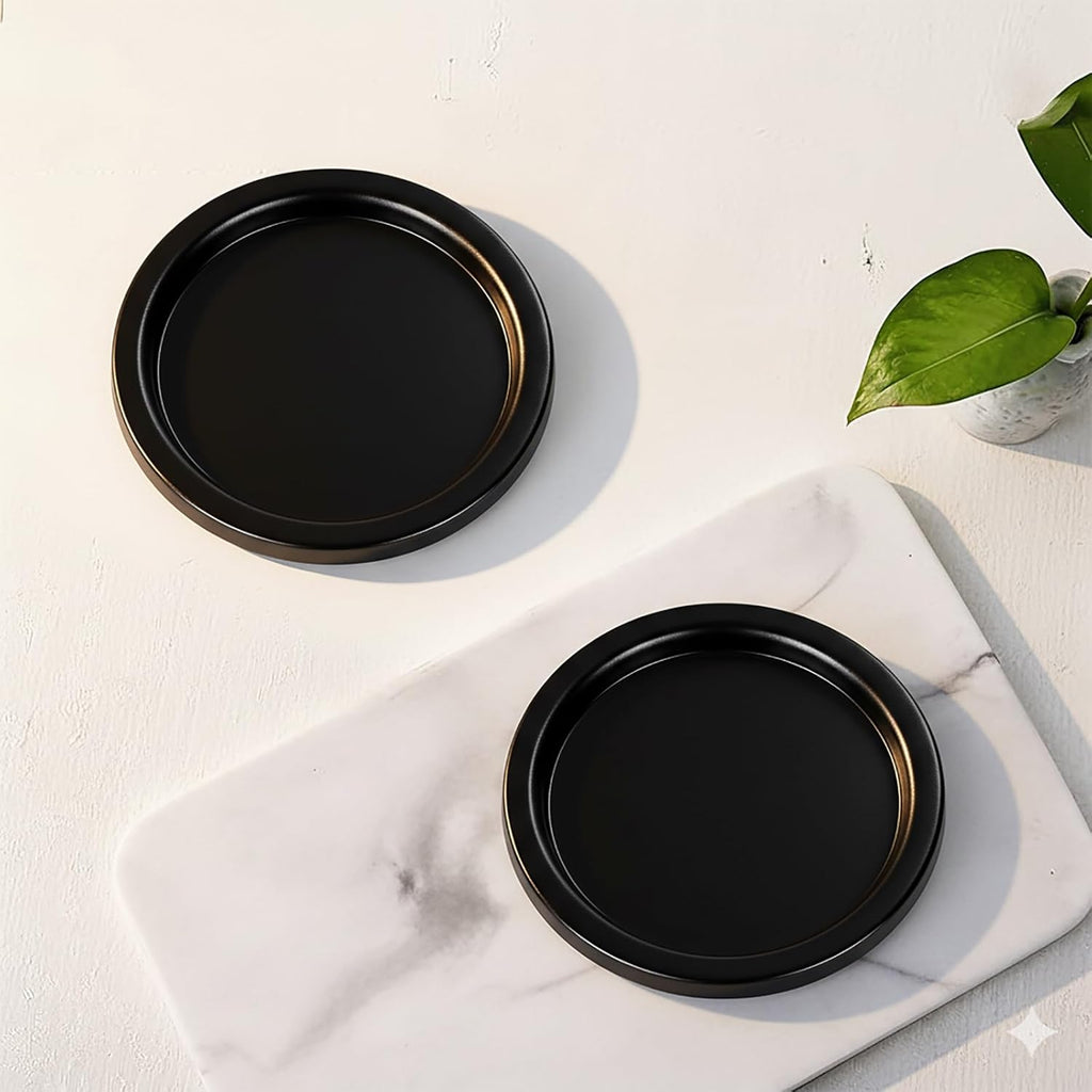 Matte Black Candle Holders Set of 2, Iron Pillar Candle Tray for 3 Inch Candles, Wax Catching Metal Candle Plate for Wick & LED Candles, Decorative Candle Stand for Table Centerpiece
