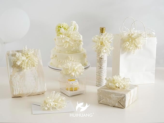 HUIHUANG Gift Wrapping Bows Gift Wrap Accessory Ivory Curly Ribbon Bow 5 inch x 8 Counts Stick On Bows for Presents, Paper Bag, Party Favors, Bridal Shower Wedding Decoration