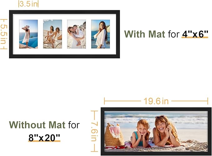 Vittanly 8x20 Collage Picture Frame, Displays 4Pcs 4x6 Pictures with Mat, Picture Frames Collage Wall Decor for Horizontal or Vertical Display, Black, 1 Pack