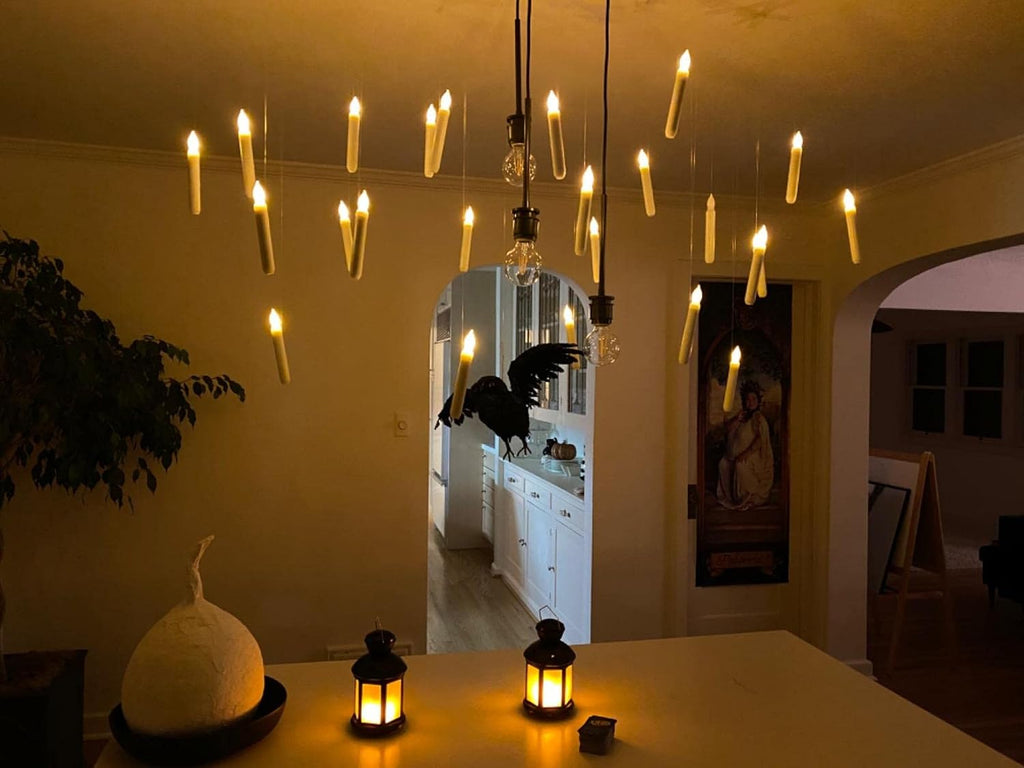 Homemory Hanging Floating Candles with Wand Remote and String, 12 Pcs Flying Flameless LED Taper Candles Warm White Light, Battery Operated Window Candles with Wand for Halloween Christmas Party