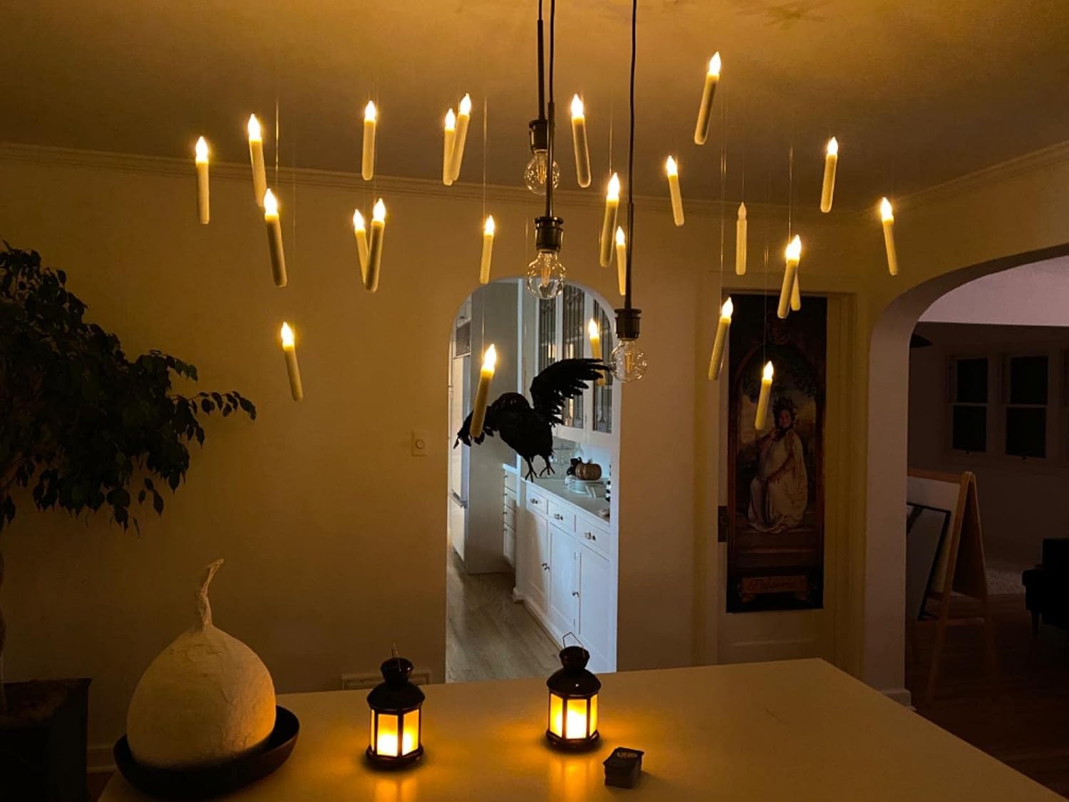 Homemory Hanging Floating Candles with Wand Remote and String, 12 Pcs Flying Flameless LED Taper Candles Warm White Light, Battery Operated Window Candles with Wand for Halloween Christmas Party