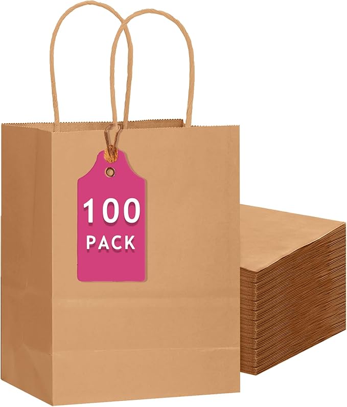 qiqee 100-Packs Brown Paper Gift Bags with Handles Bulk 13"×10.2"×4.7" Large Size Gift Bags Multiple Uses