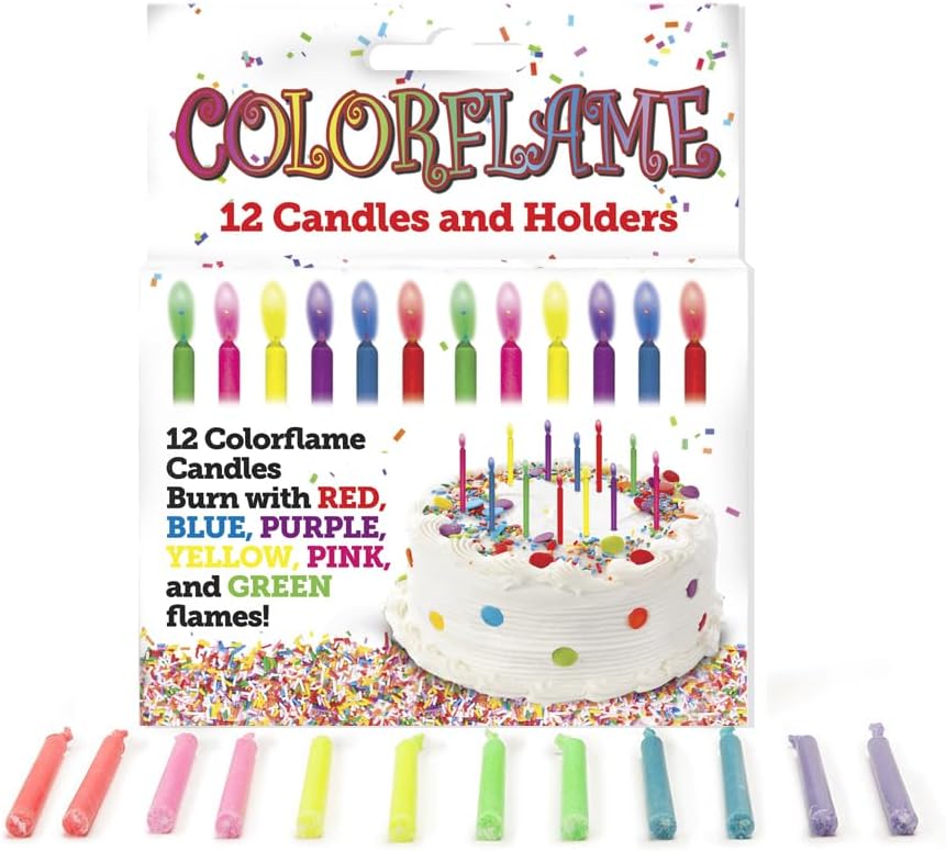 Amazing Colorflame Multicolor Happy Birthday Candles and Holders (12 Count),Unscented