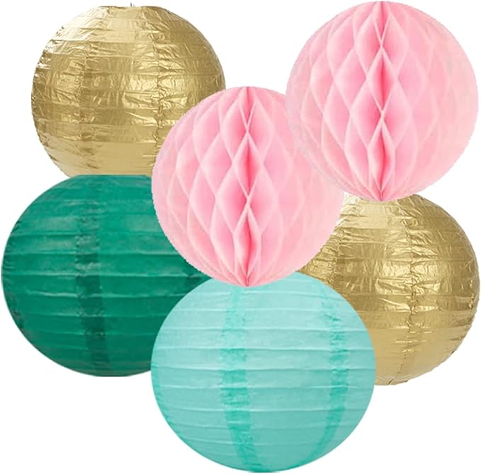 Sage-Green Pink-Gold Baby-Shower Party Decorations - 14pcs Teal Wedding Paper Lanterns Fan,Tissue Pom Poms Streamers,Honeycomb Balls,Birthday Bachelorette Engagement Bridal Decor Lasting Surprise