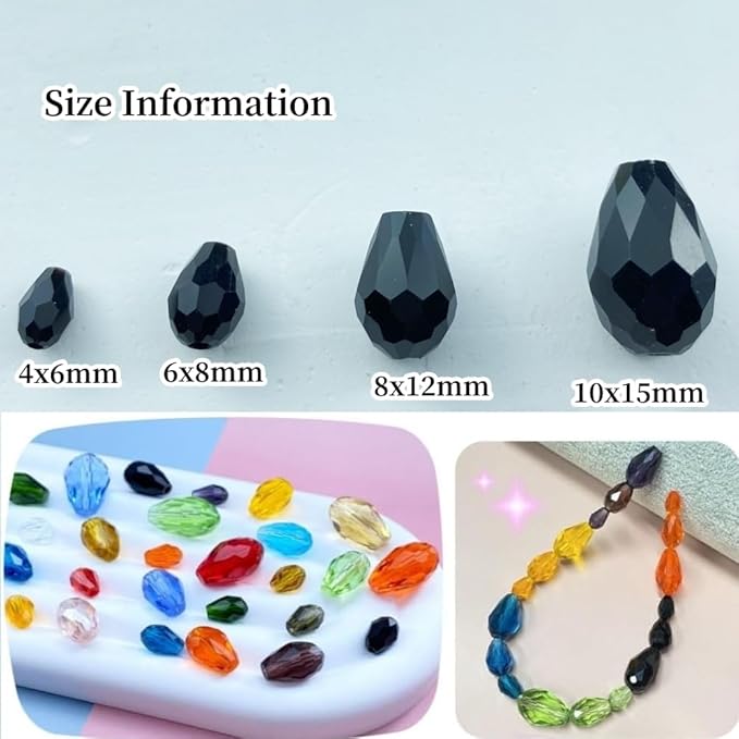 100pcs 8x12mm Teardrop Crystal Glass Beads Vertical Hole Faceted Glass Teardrop Spacer Beads for Bracelets Necklace Earring DIY Jewelry Making Craft(Black)