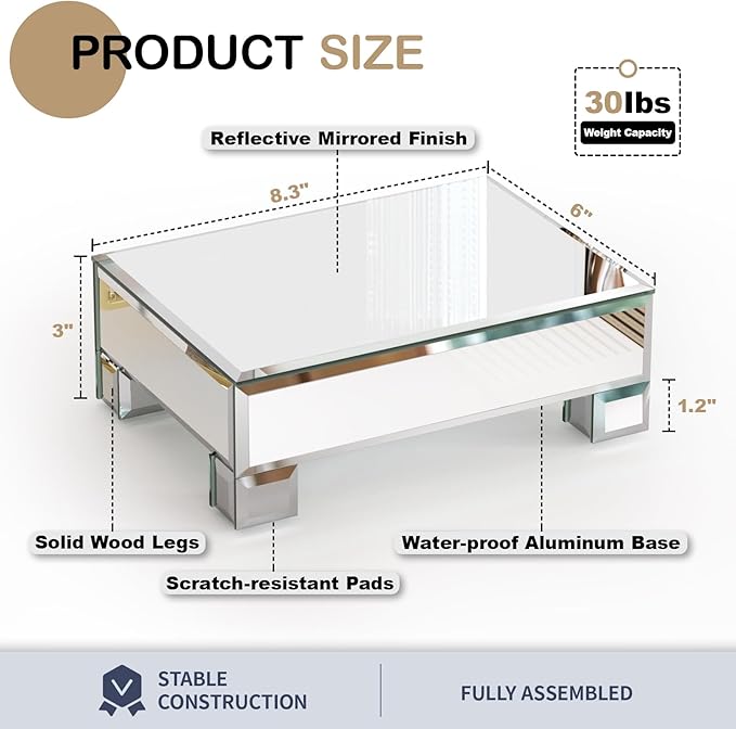 Set of 2 Mirrored Risers for Display, Mirrored Display Stand, Glass Perfume Tray for Vanity, Bathroom Counter Decor Organizer, Footed Tray, Square Mirrors for Centerpieces