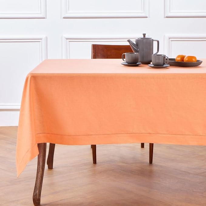 Solino Home Linen Tablecloth for Rectangle Tables 60 x 90 Inch - Classic Hemstitch 100% Pure Linen Coral Table Cloth - Machine Washable Cloth Tablecloth