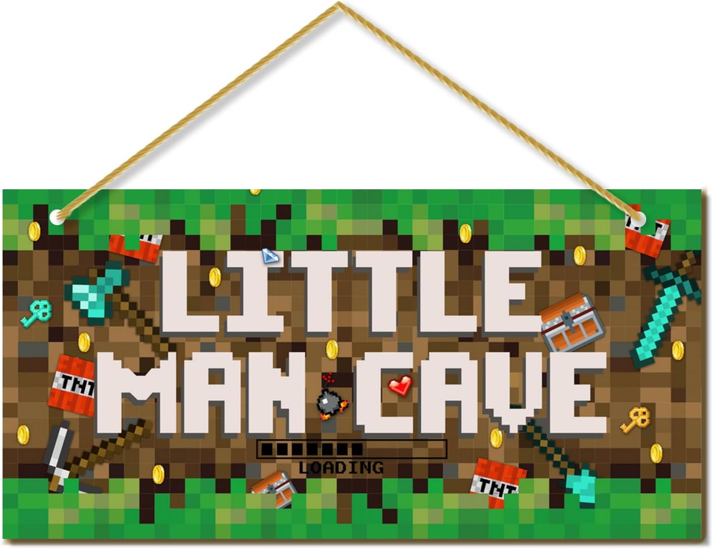 Little Man Cave, Boys Pixel Gaming Room Decor Wooden Door Sign for Gamer Room, Baby Boys Bedroom Wall Decorations for Nursery Toddler Nursery Playroom Wall Art
