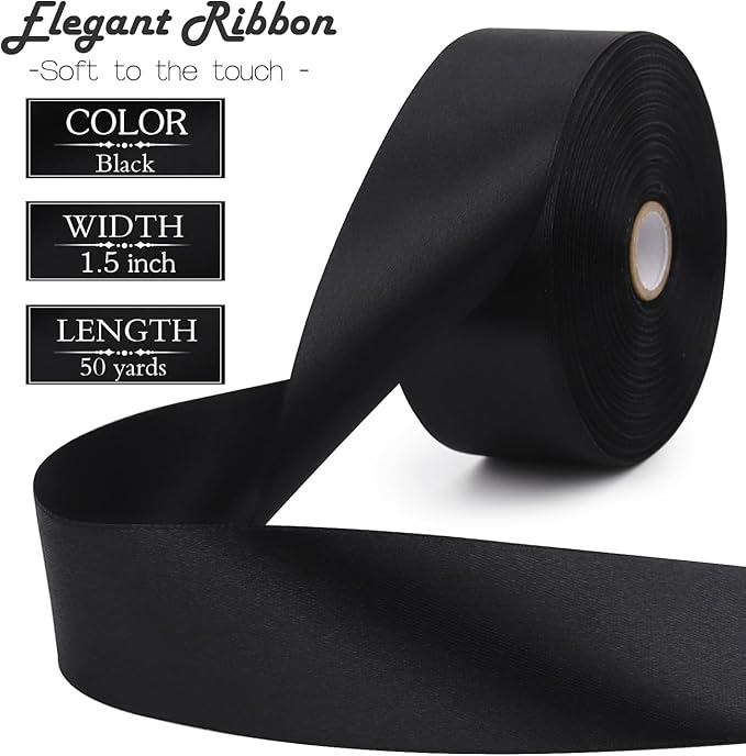Black Solid Satin Ribbon 1-1/2 Inch 50 Yards Solid Polyester Fabric Ribbon for Gift Wrapping Wedding Christmas Baby Shower Birthday Party Decoration Handmade Immortal Flower Craft
