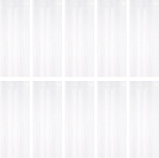 10 Pack White Foil Curtain Backdrop 3.2ft x 9.8ft Black Metallic Tinsel Foil Fringe Curtains Streamer Photo Booth Backdrop for Birthday Party Engagement Bachelorette Party Decorations (White)