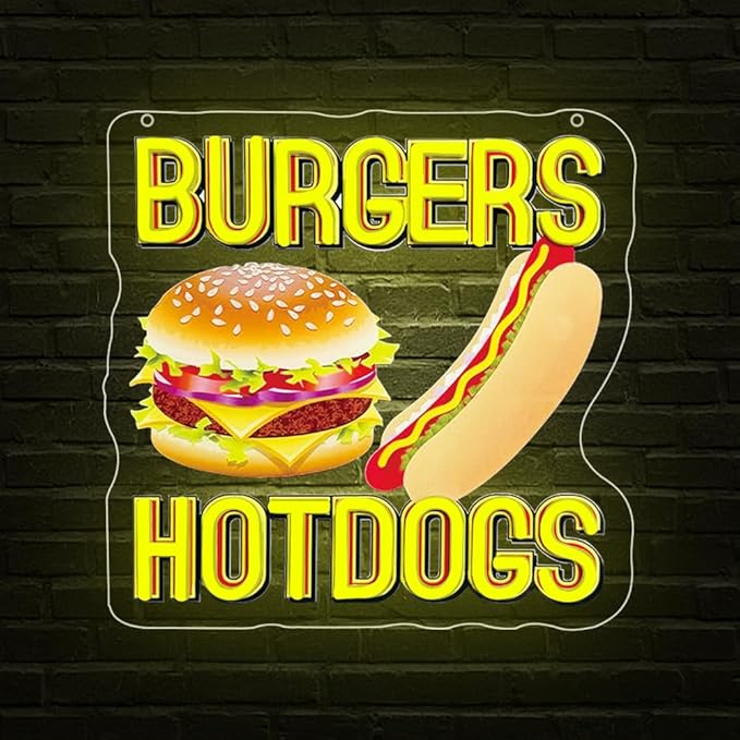 Hot Dogs Burgers Neon Signs for Wall Decor,Hot Dogs Led Neon Sign Party Decorations,Dimmable Hamburger Led Lights Sign for Business Food Restaurant Bar Birthday Party Decor,Hot Dog Shop Decor