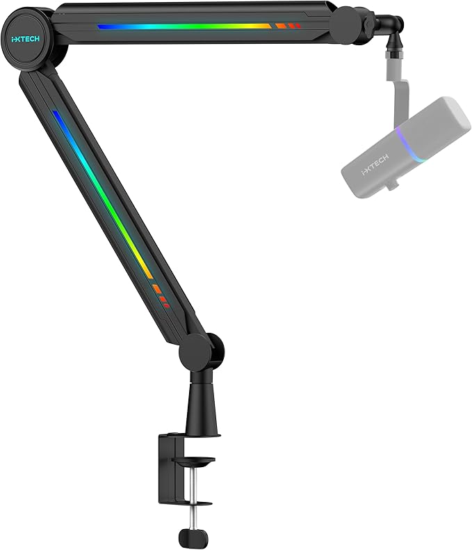 IXTECH RGB Mic Boom Arm High Profile, Overhead Boom Arm Microphone Stand Desk Mount, Adjustable Microphone Stand with Desk Mount, Mic Arm for Live Streaming Gaming Podcasting Recording.